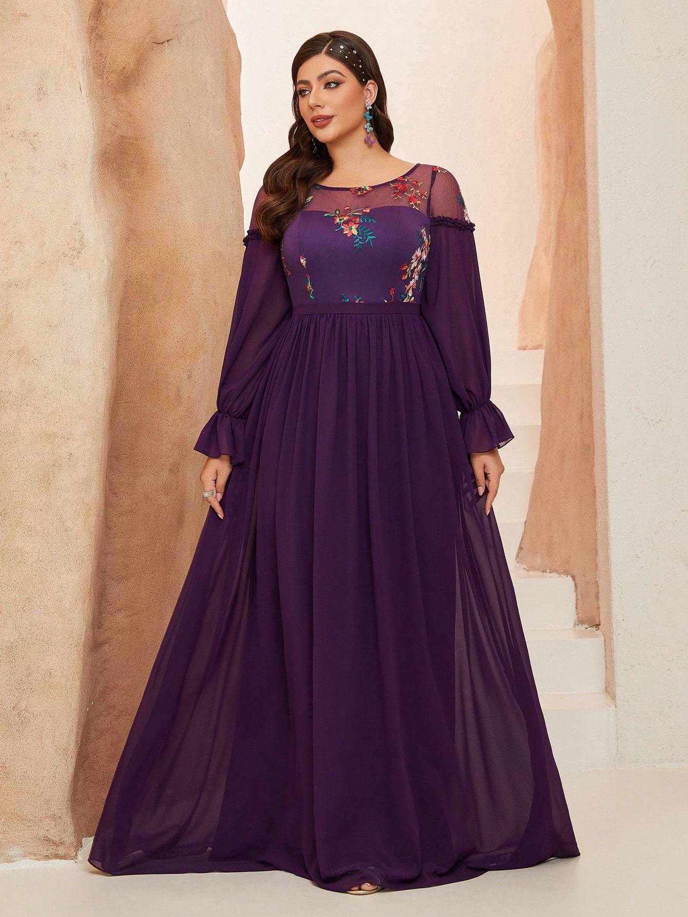 Leely Plus Women's Elegant Round Neck Bishop Sleeve Party Dresses