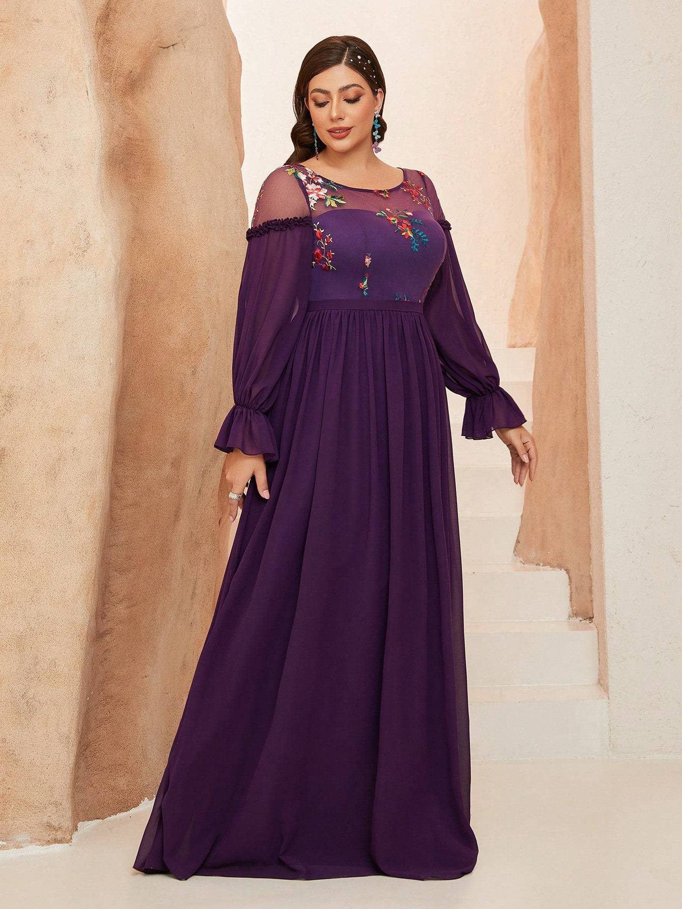 Leely Plus Women's Elegant Round Neck Bishop Sleeve Party Dresses