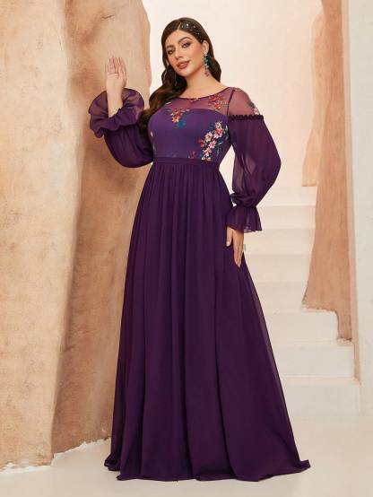 Leely Plus Women's Elegant Round Neck Bishop Sleeve Party Dresses