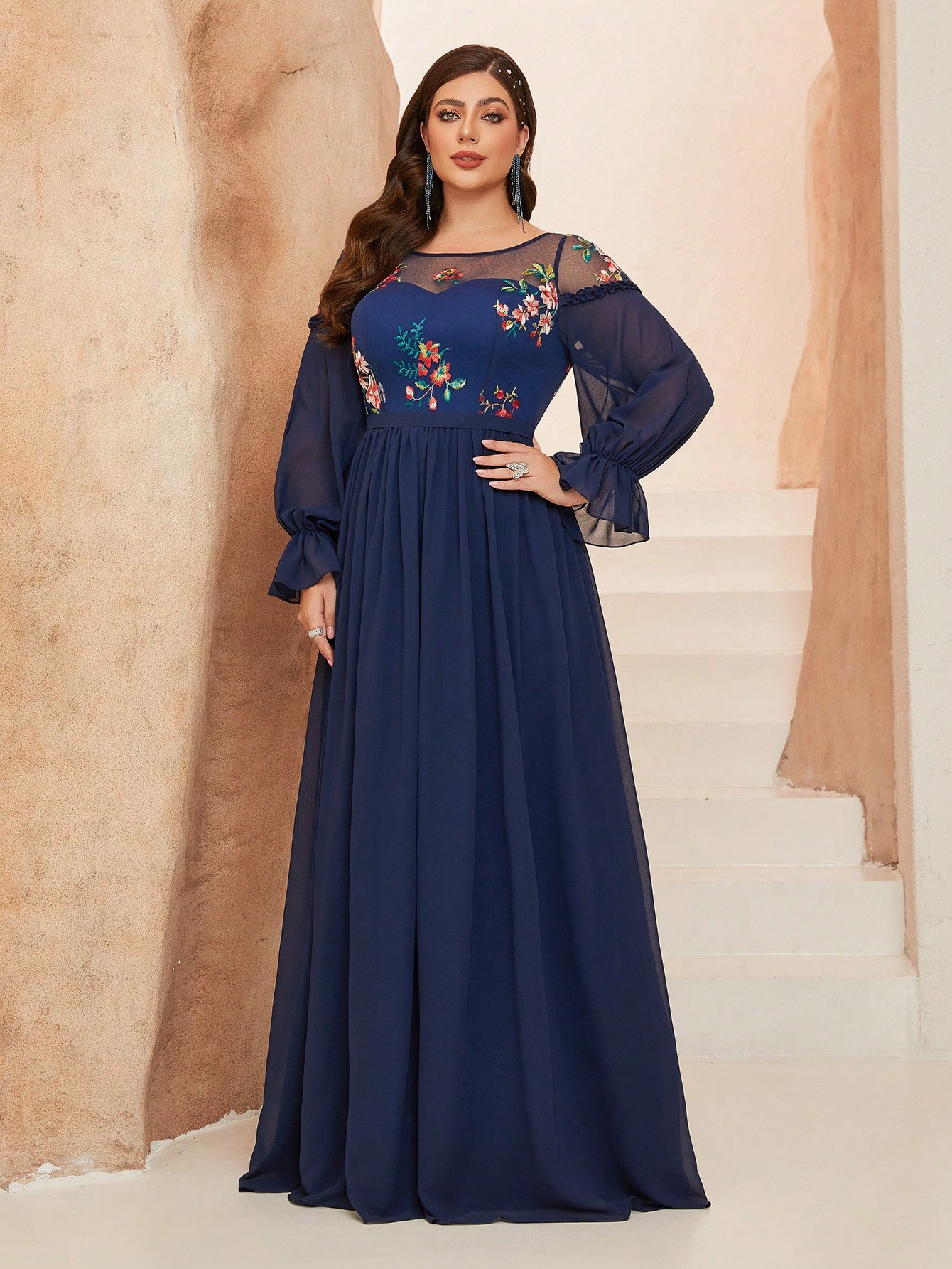 Leely Plus Women's Elegant Round Neck Bishop Sleeve Party Dresses