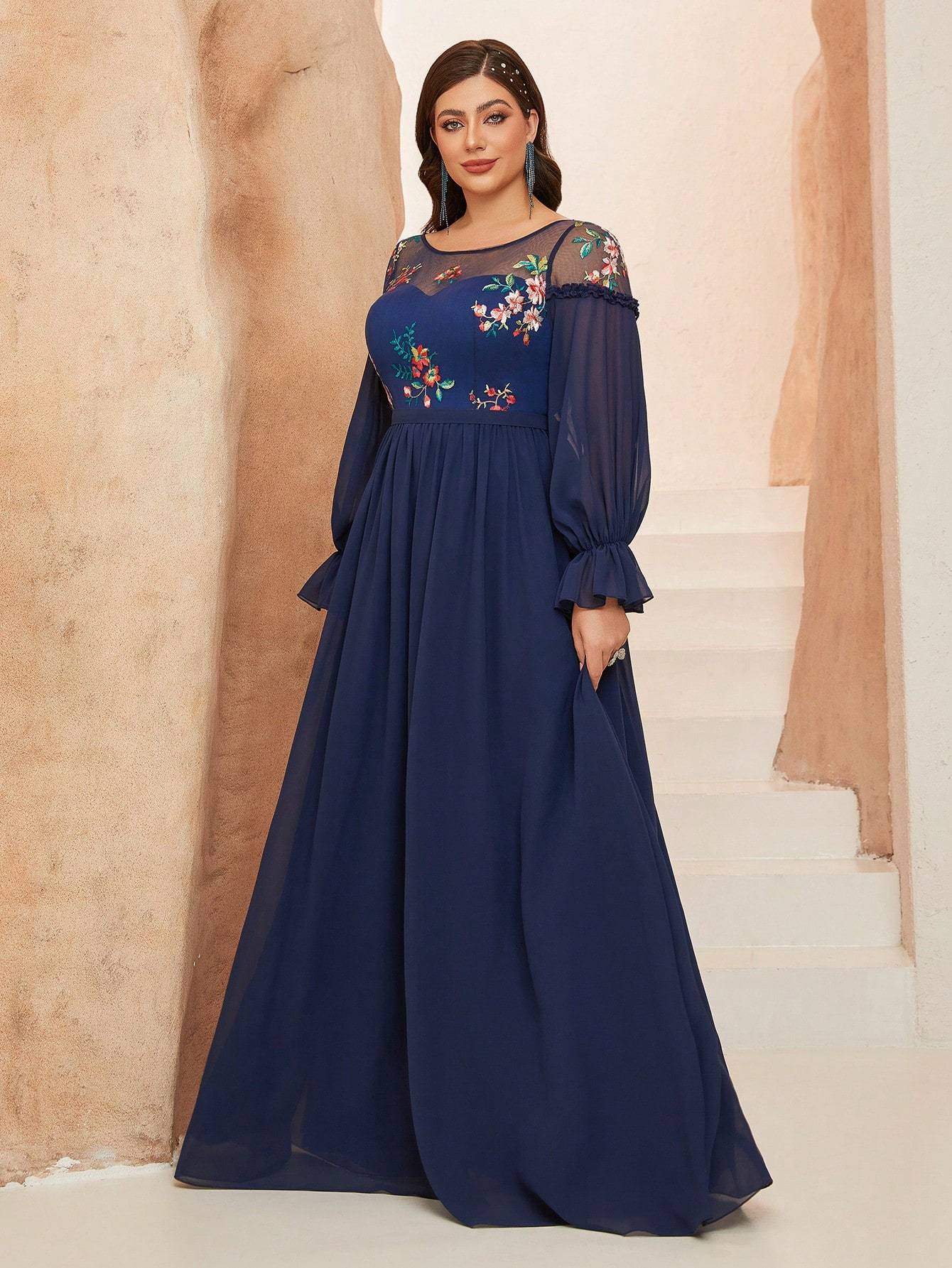 Leely Plus Women's Elegant Round Neck Bishop Sleeve Party Dresses