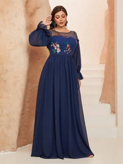 Leely Plus Women's Elegant Round Neck Bishop Sleeve Party Dresses
