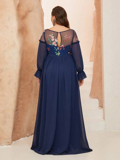 Leely Plus Women's Elegant Round Neck Bishop Sleeve Party Dresses