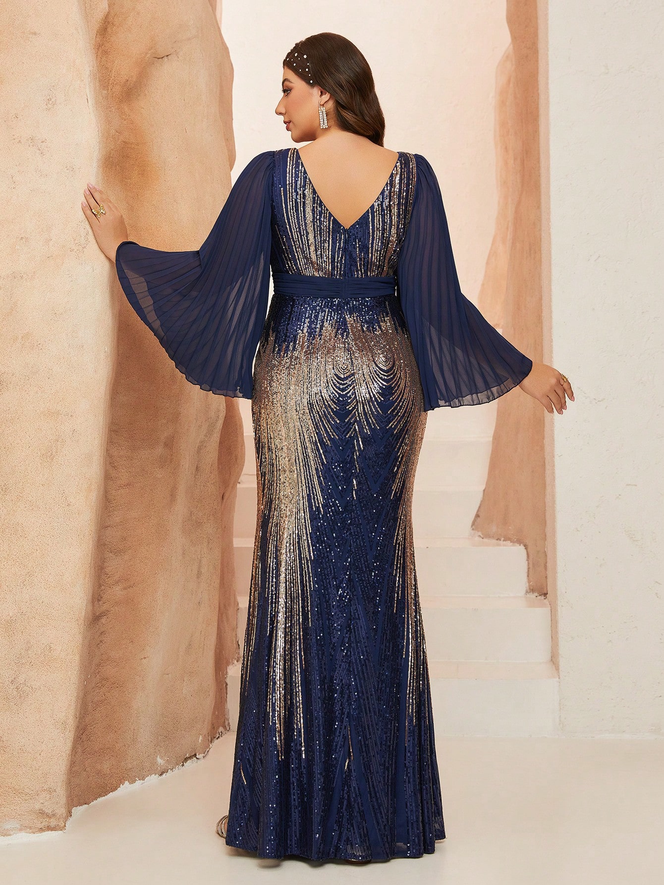Leely Plus Women's Elegant V Neck Flare Sleeve Party Dresses