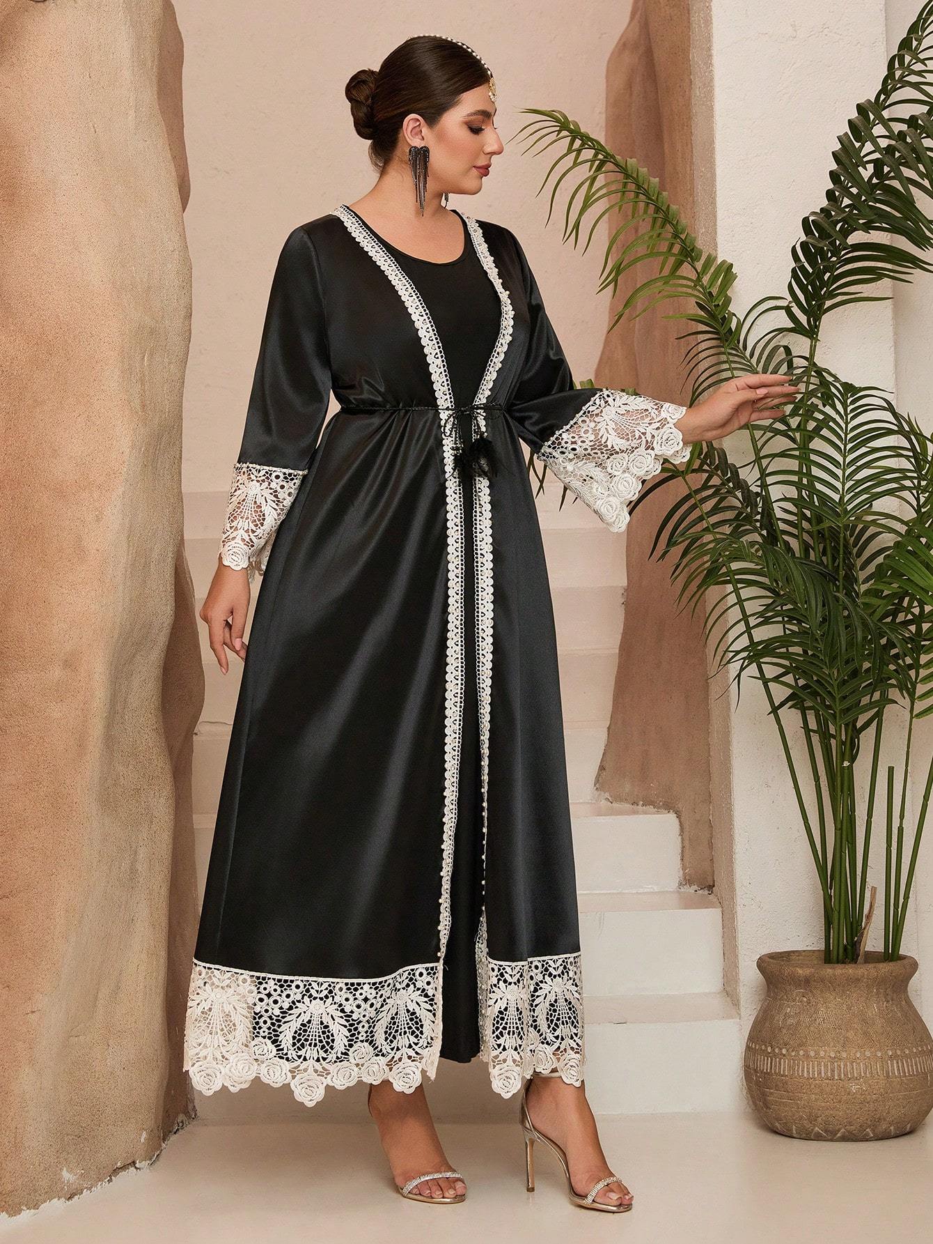 Leely Plus Middle East Arabic Muslim Abaya Women's Loose Long Sleeve V-Neck Lace Patchwork Maxi Dress