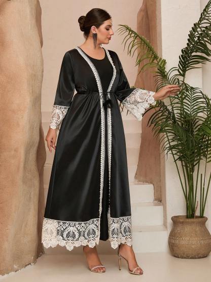 Leely Plus Middle East Arabic Muslim Abaya Women's Loose Long Sleeve V-Neck Lace Patchwork Maxi Dress