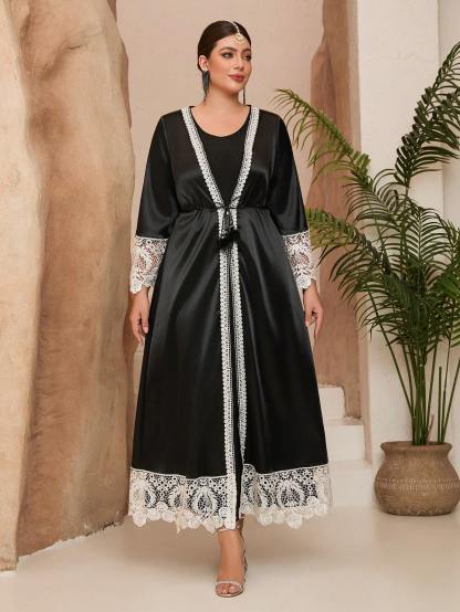 Leely Plus Middle East Arabic Muslim Abaya Women's Loose Long Sleeve V-Neck Lace Patchwork Maxi Dress