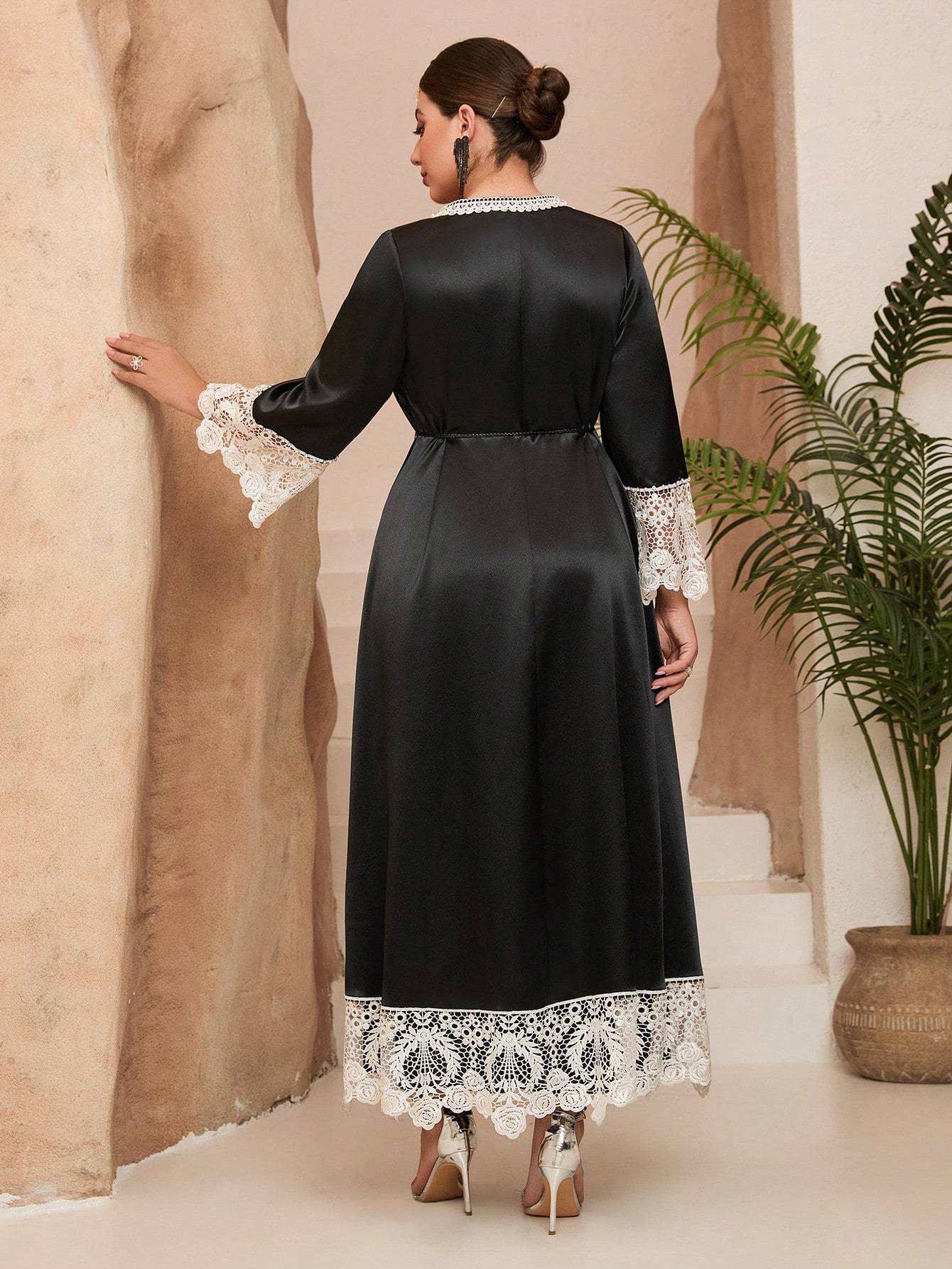 Leely Plus Middle East Arabic Muslim Abaya Women's Loose Long Sleeve V-Neck Lace Patchwork Maxi Dress