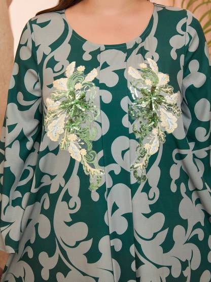 Leely Plus Middle East Arabic Muslim Abaya Women's Loose Long Sleeve Round Neck Floral Maxi Dress