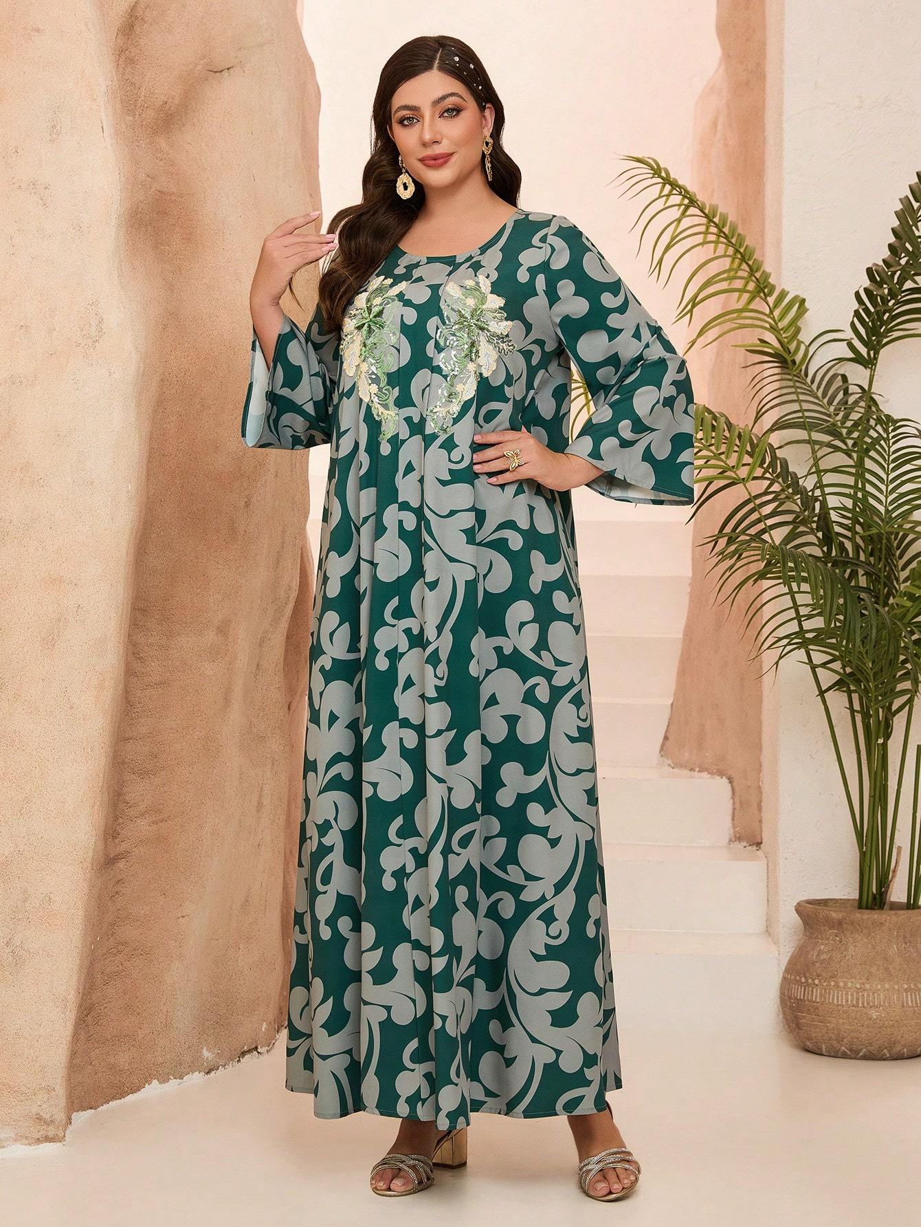 Leely Plus Middle East Arabic Muslim Abaya Women's Loose Long Sleeve Round Neck Floral Maxi Dress