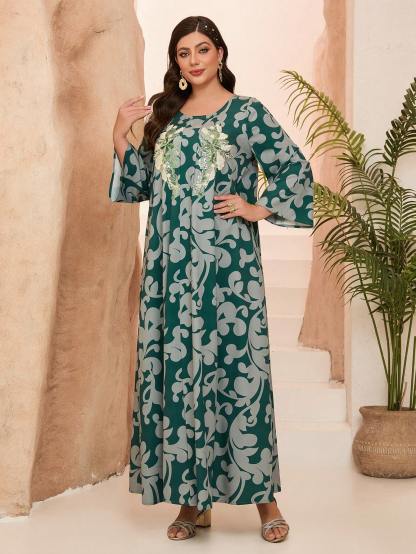 Leely Plus Middle East Arabic Muslim Abaya Women's Loose Long Sleeve Round Neck Floral Maxi Dress