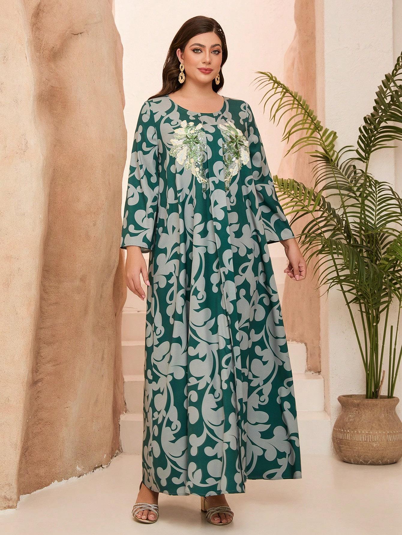 Leely Plus Middle East Arabic Muslim Abaya Women's Loose Long Sleeve Round Neck Floral Maxi Dress