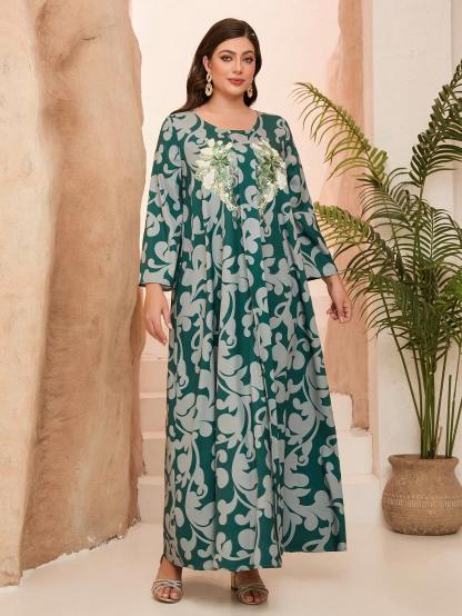 Leely Plus Middle East Arabic Muslim Abaya Women's Loose Long Sleeve Round Neck Floral Maxi Dress