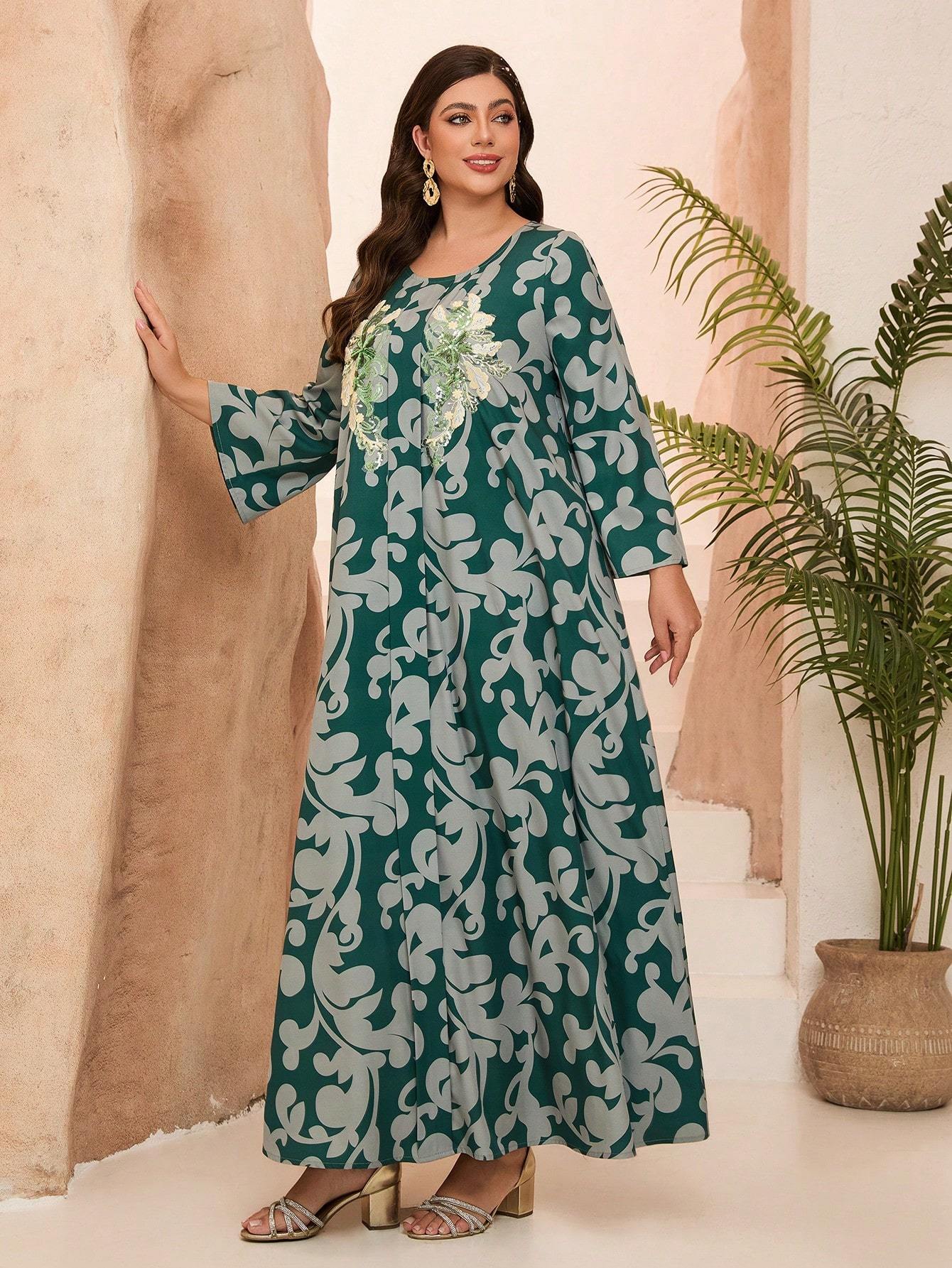 Leely Plus Middle East Arabic Muslim Abaya Women's Loose Long Sleeve Round Neck Floral Maxi Dress