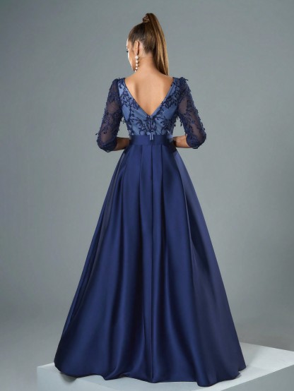 Leely Elegant V Neck Three Quarter Length Sleeve Evening Gown