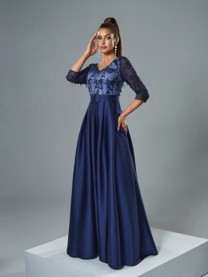 Leely Elegant V Neck Three Quarter Length Sleeve Evening Gown
