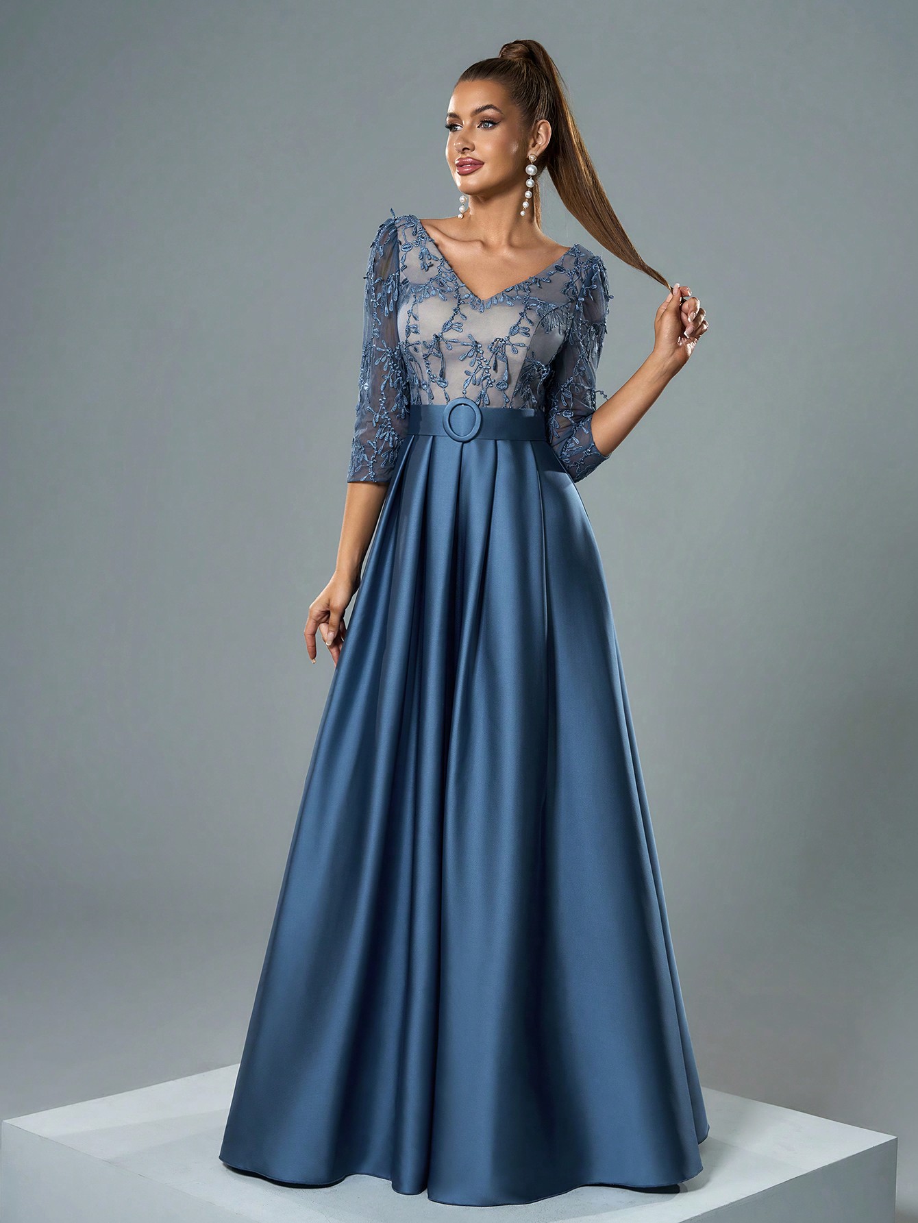 Leely Elegant V Neck Long Sleeve Evening Gown