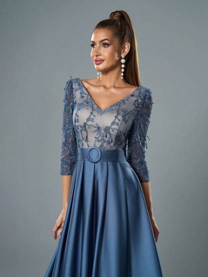 Leely Elegant V Neck Long Sleeve Evening Gown