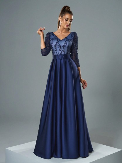 Leely Elegant V Neck Three Quarter Length Sleeve Evening Gown