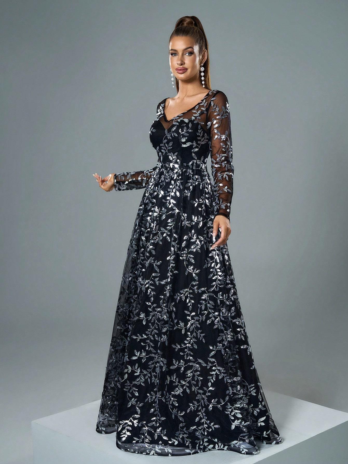 Leely Elegant V Neck Long Sleeve Evening Gown