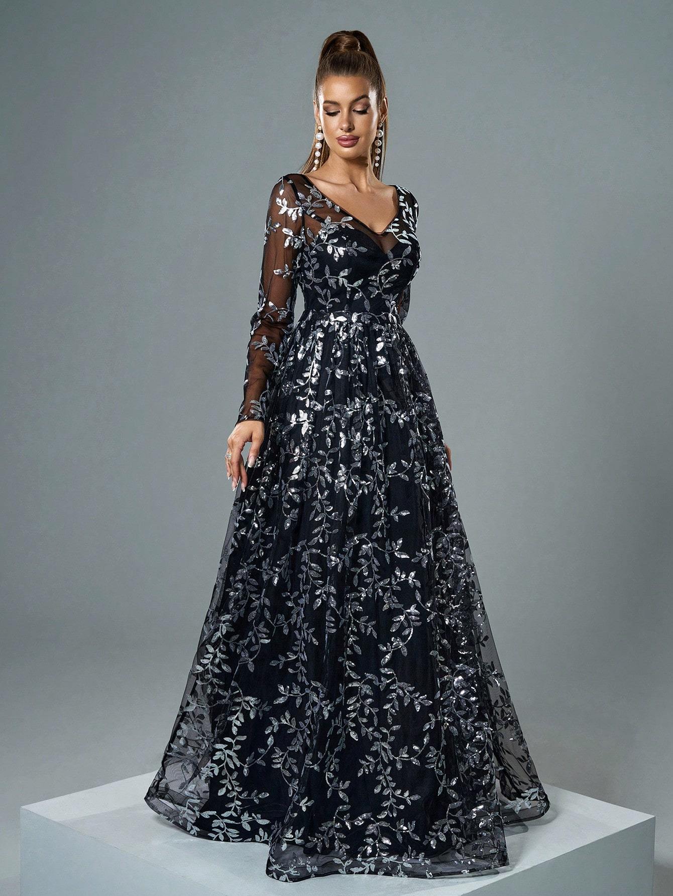 Leely Elegant V Neck Long Sleeve Evening Gown