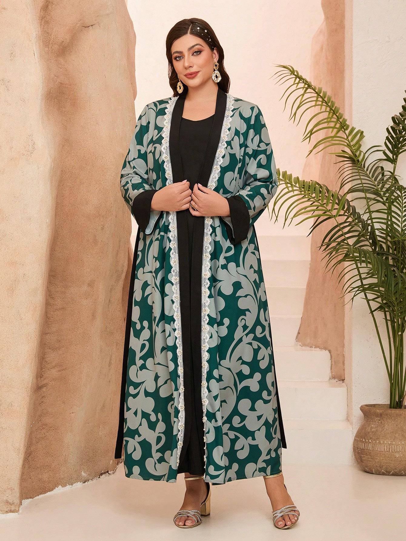 Leely Plus Middle East Arabic Muslim Turkish Abaya | Women's Loose Long Sleeve Appliques Cardigan Robe