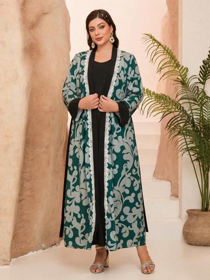 Leely Plus Middle East Arabic Muslim Turkish Abaya | Women's Loose Long Sleeve Appliques Cardigan Robe