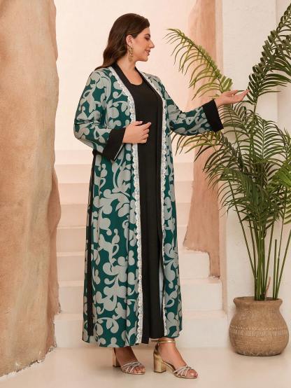 Leely Plus Middle East Arabic Muslim Turkish Abaya | Women's Loose Long Sleeve Appliques Cardigan Robe