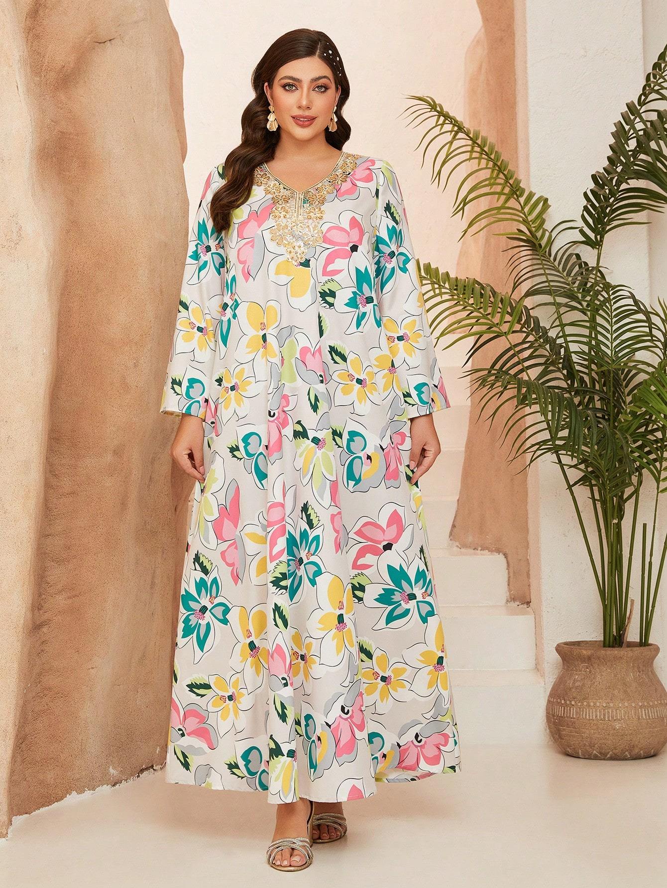 Leely Plus Middle East Arabic Muslim Abaya Women's Loose Long Sleeve V-Neck Floral Maxi Dress