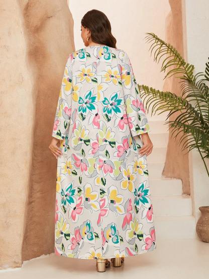 Leely Plus Middle East Arabic Muslim Abaya Women's Loose Long Sleeve V-Neck Floral Maxi Dress