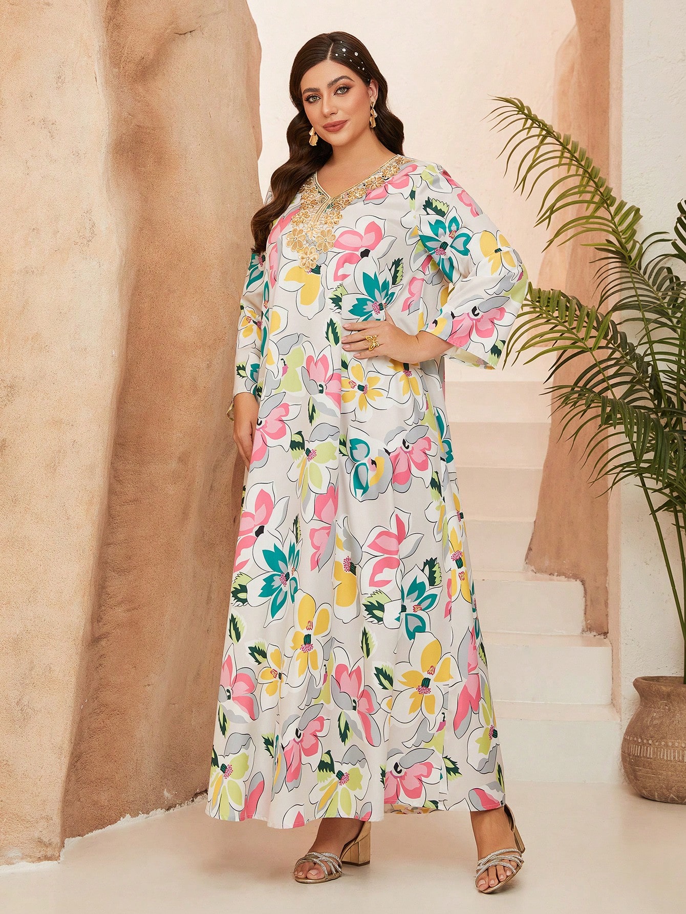 Leely Plus Middle East Arabic Muslim Abaya Women's Loose Long Sleeve V-Neck Floral Maxi Dress