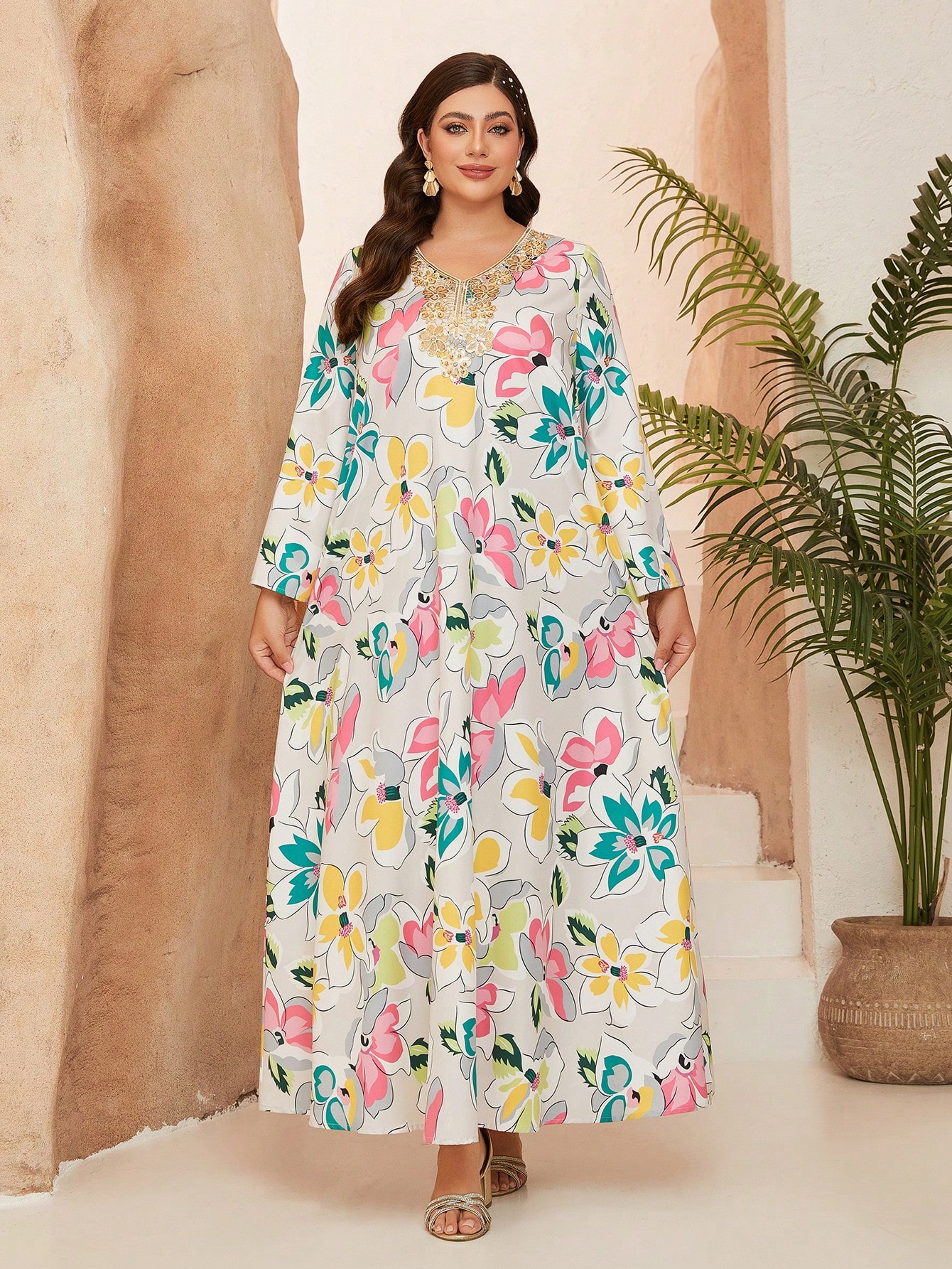 Leely Plus Middle East Arabic Muslim Abaya Women's Loose Long Sleeve V-Neck Floral Maxi Dress