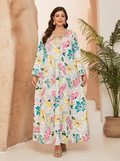 Leely Plus Middle East Arabic Muslim Abaya Women's Loose Long Sleeve V-Neck Floral Maxi Dress