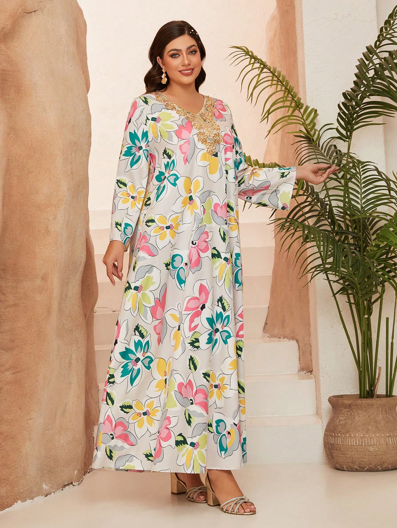 Leely Plus Middle East Arabic Muslim Abaya Women's Loose Long Sleeve V-Neck Floral Maxi Dress