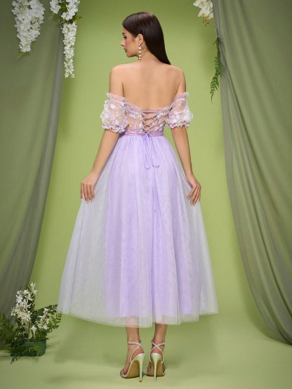 Leely Women's Elegant Off The Shoulder Short Sleeve Prom Dress