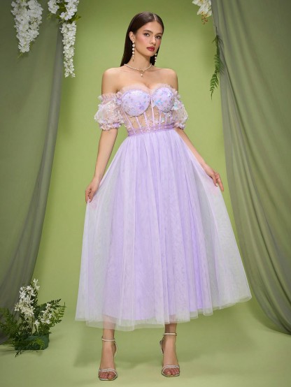 Leely Women's Elegant Off The Shoulder Short Sleeve Prom Dress
