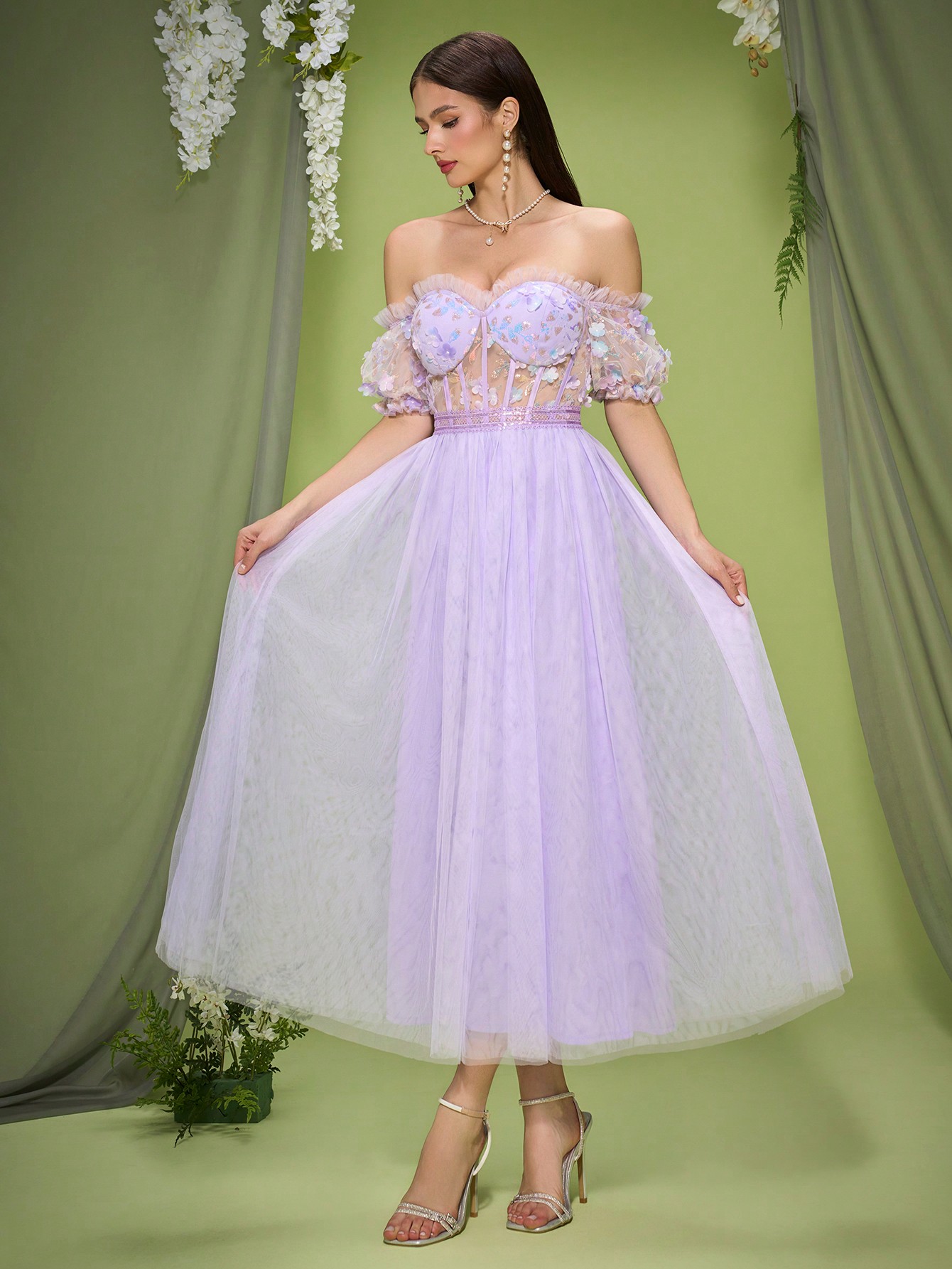 Leely Women's Elegant Off The Shoulder Short Sleeve Prom Dress