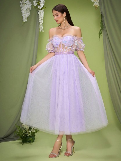 Leely Women's Elegant Off The Shoulder Short Sleeve Prom Dress