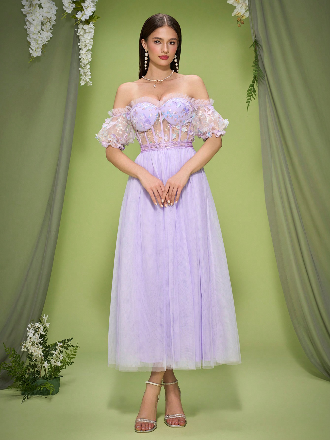 Leely Women's Elegant Off The Shoulder Short Sleeve Prom Dress