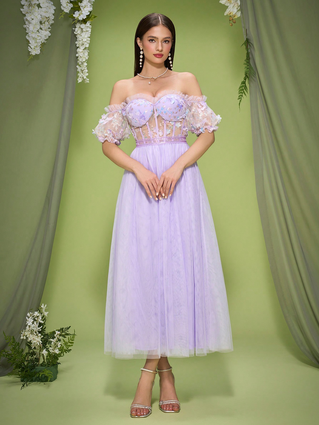 Leely Women's Elegant Off The Shoulder Short Sleeve Prom Dress
