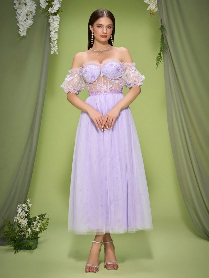 Leely Women's Elegant Off The Shoulder Short Sleeve Prom Dress