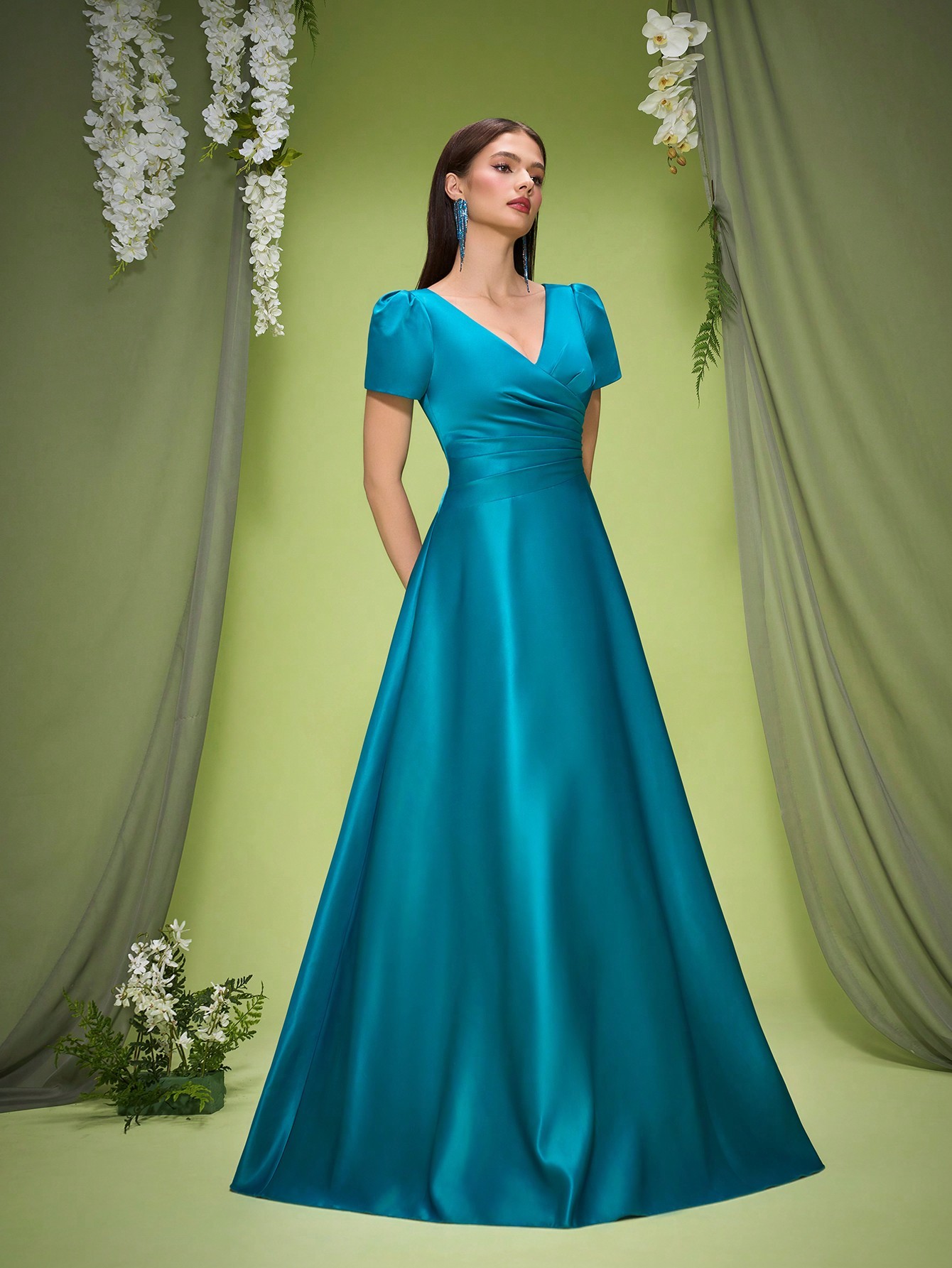 Leely Women's Elegant V Neck Short Sleeve Prom Dress