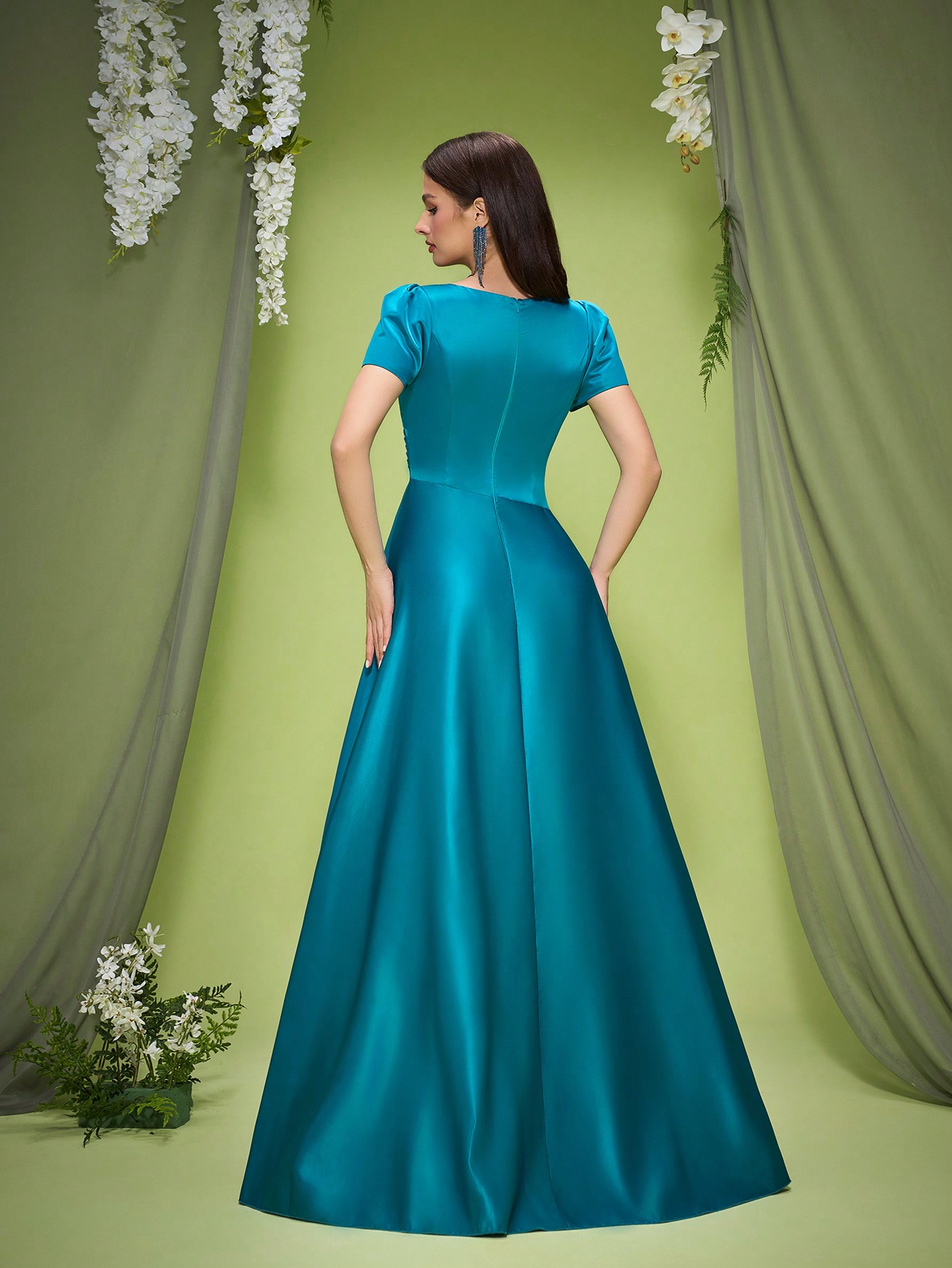 Leely Women's Elegant V Neck Short Sleeve Prom Dress