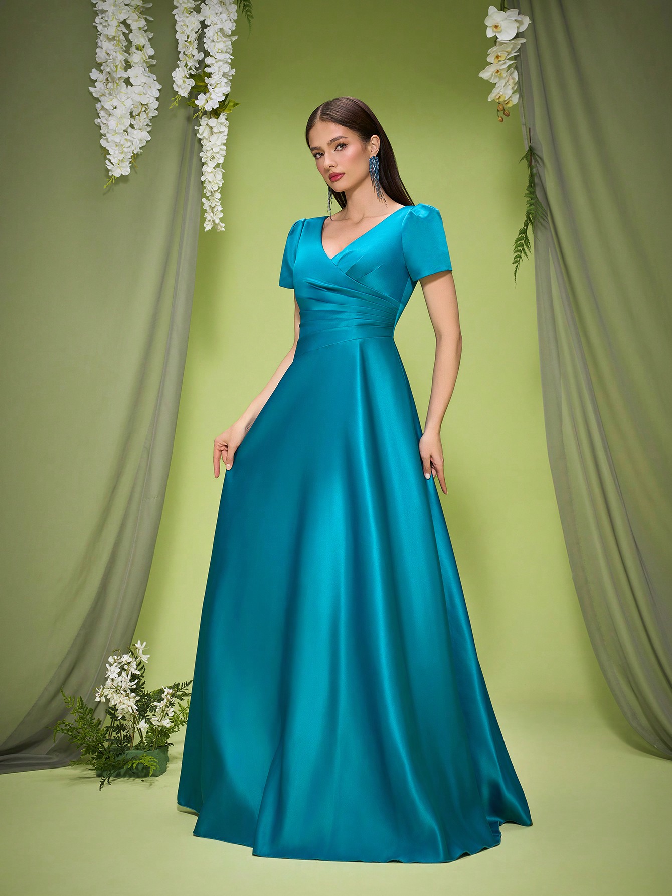 Leely Women's Elegant V Neck Short Sleeve Prom Dress