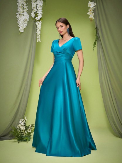 Leely Women's Elegant V Neck Short Sleeve Prom Dress