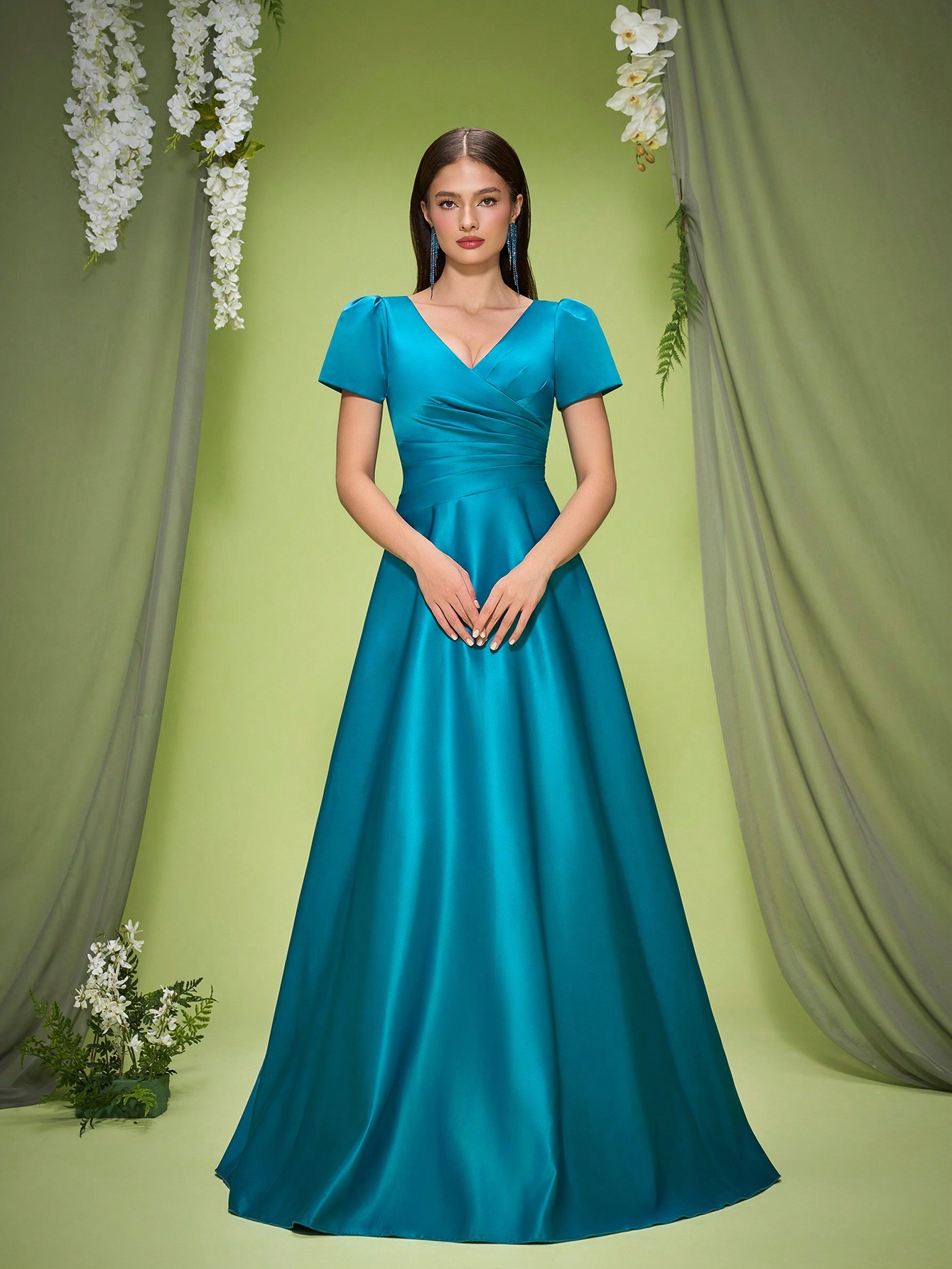 Leely Women's Elegant V Neck Short Sleeve Prom Dress