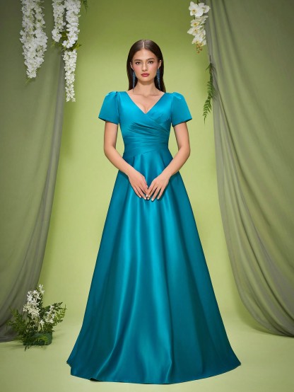 Leely Women's Elegant V Neck Short Sleeve Prom Dress