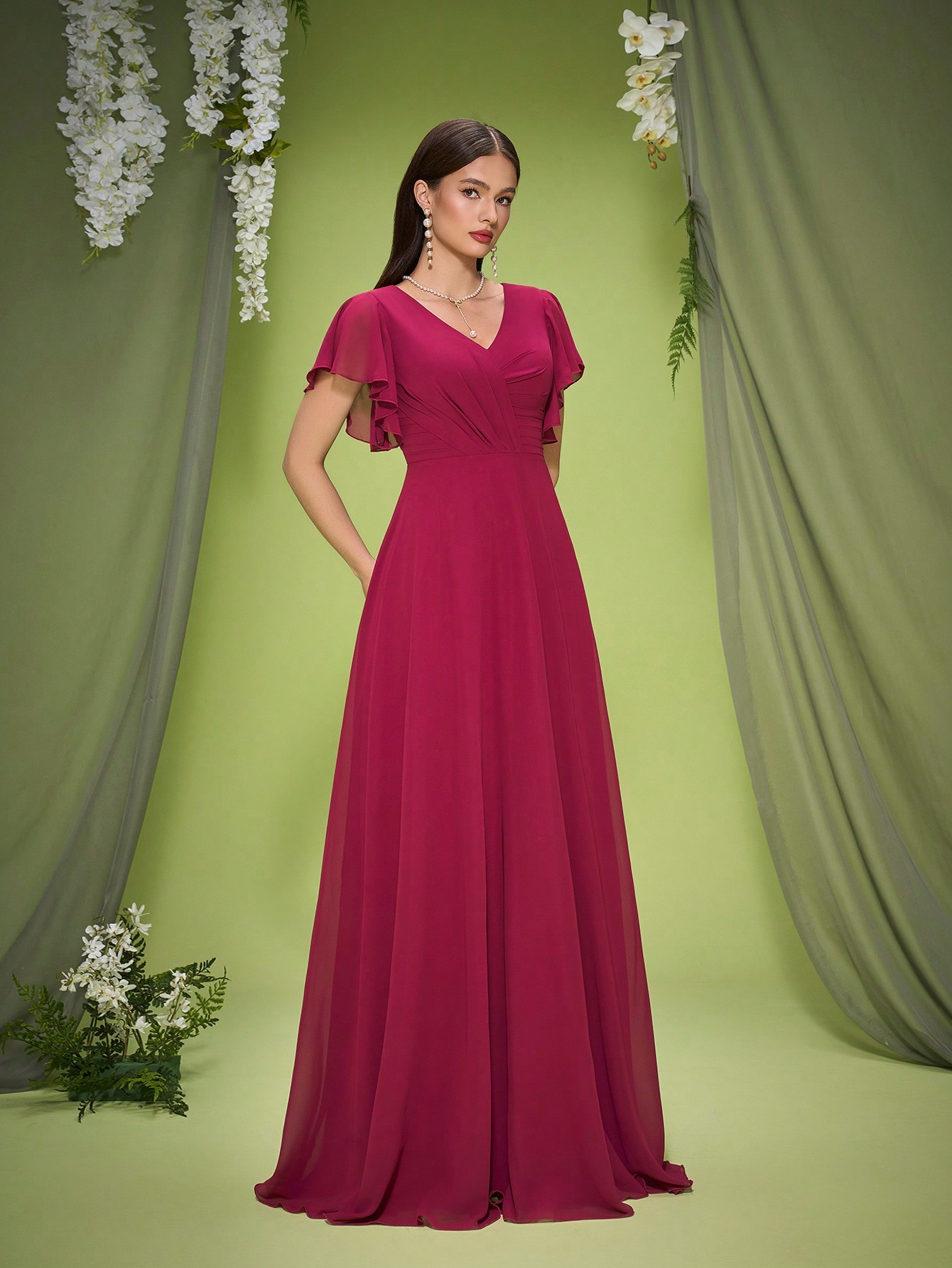 Leely Elegant V Neck Flare Sleeve Evening Gown