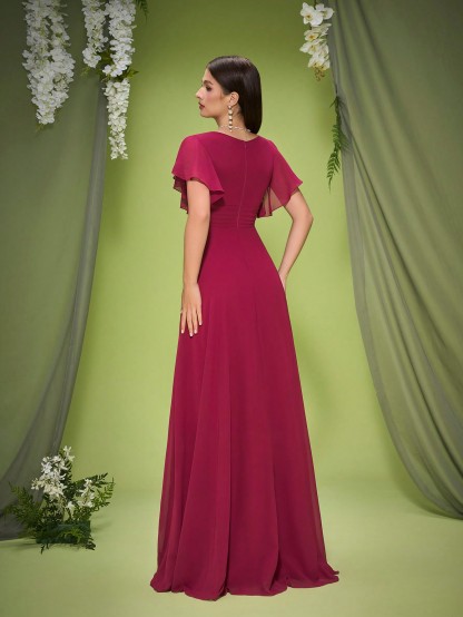 Leely Elegant V Neck Flare Sleeve Evening Gown