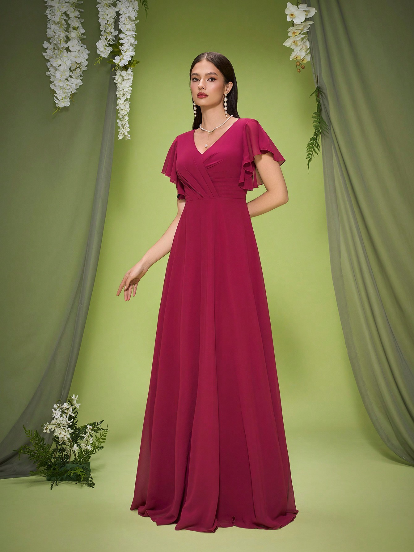 Leely Elegant V Neck Flare Sleeve Evening Gown